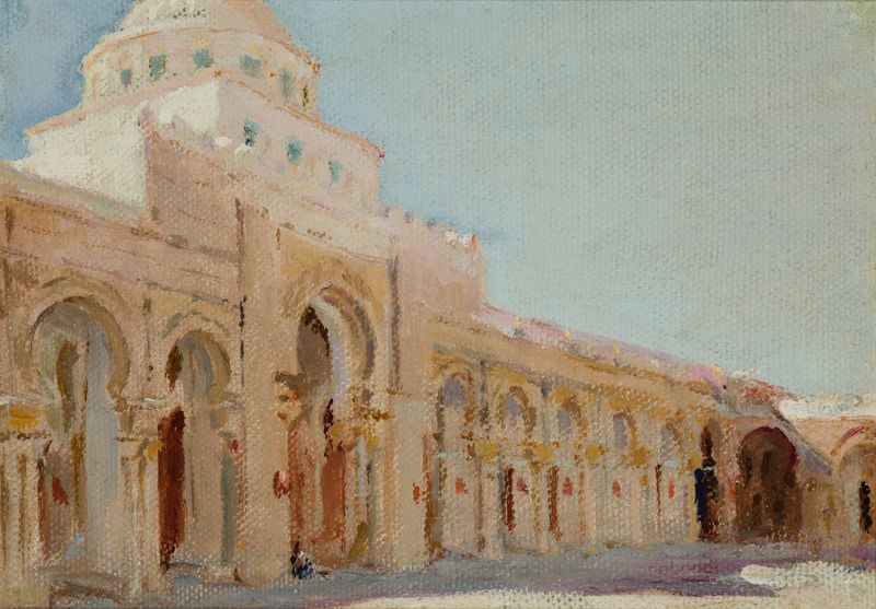 A Grande Mesquita de Kairouan de Jan Ciągliński, pintura a óleo que retrata arquitetura de mesquita intrincada.