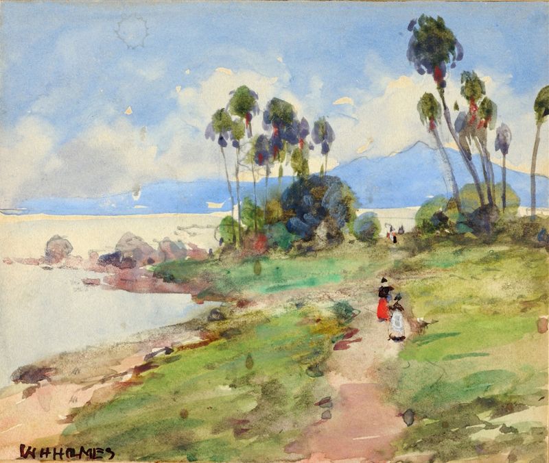 Watercolour by William Henry Holmes depicting sunlight filtering through foliage in a landscape.