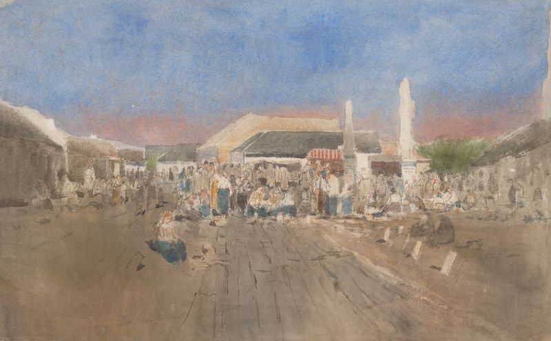 Mercado en Szolnok de Ladislav Mednyánszky, óleo sobre lienzo que muestra un animado mercado con vendedores y compradores.