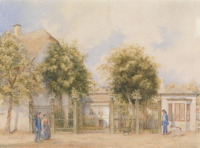 Biedermeierliches Haus by Franz Alt, oil on canvas showing a warm house with light in a landscape.