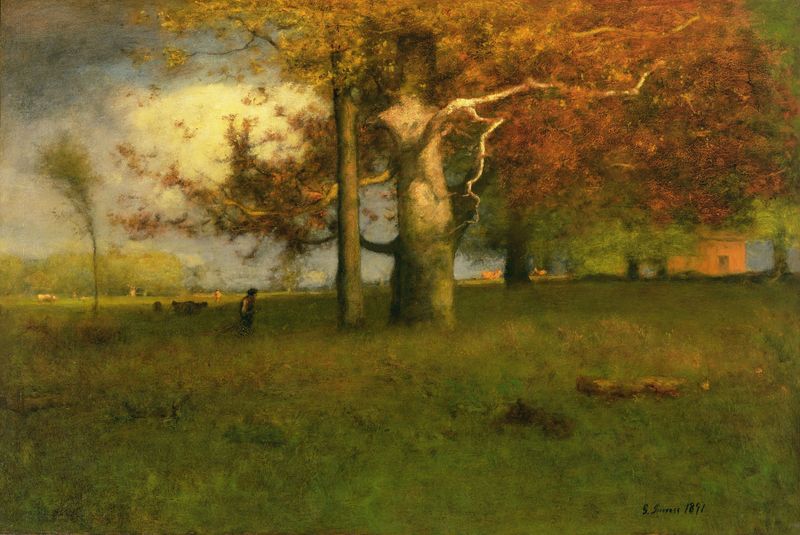 Early Autumn, Montclair de George Inness, pintura al óleo que muestra árboles de otoño y luz dorada.