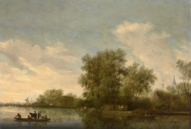 Uma paisagem fluvial com uma balsa e pescadores, pintura a óleo de Salomon Van Ruysdae