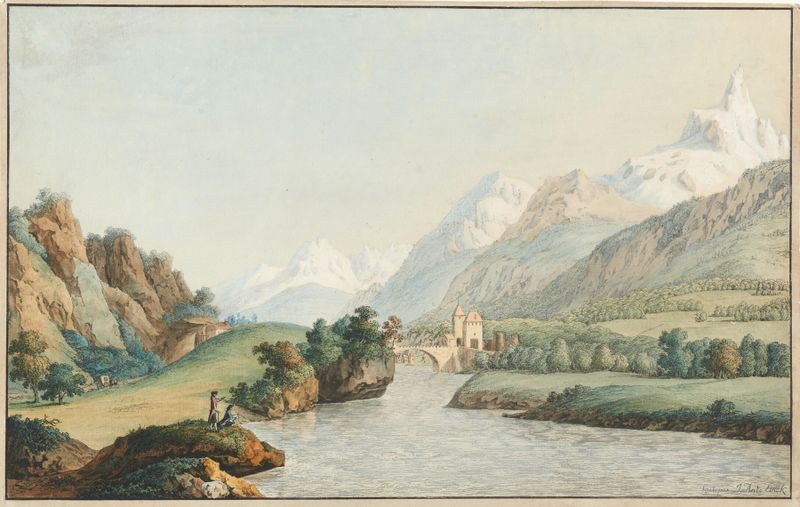 Vue de St. Maurice by Jean-Antoine Linck, romanticism landscape with a river and serene nature.