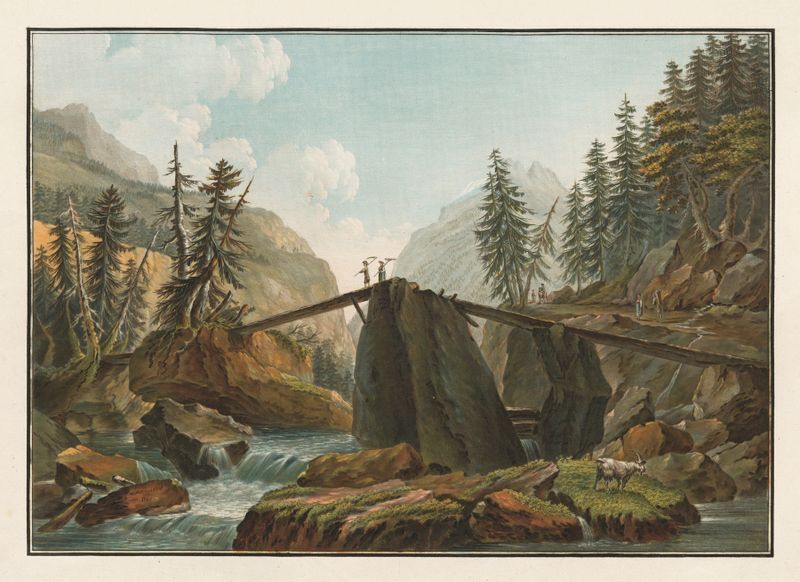 Vue d’un Pont sur la Lutschinen de Caspar Wolf, óleo sobre tela representando uma ponte sobre um rio ao crepúsculo.