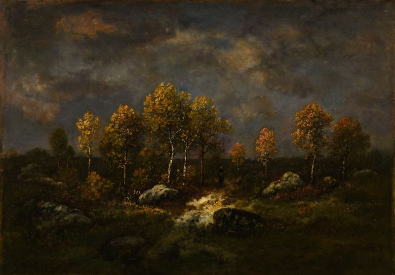 Ciel d’orage de Narcisse-Virgile Diaz de La Peña, pintura a óleo que retrata uma paisagem tempestuosa.