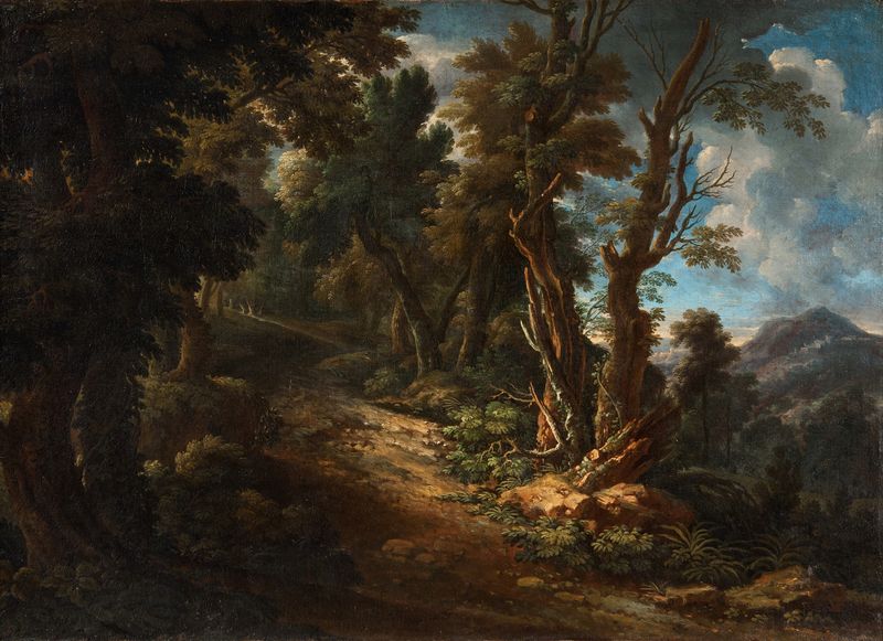 Landscape with a Road through a Forest, pintura al óleo de un artista desconocido