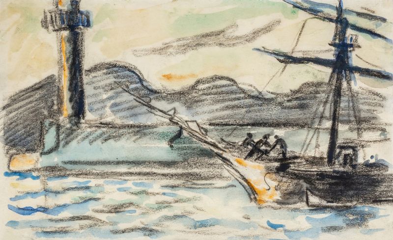 Escena marina con barcos en Saint-Tropez, óleo sobre lienzo de Paul Signac
