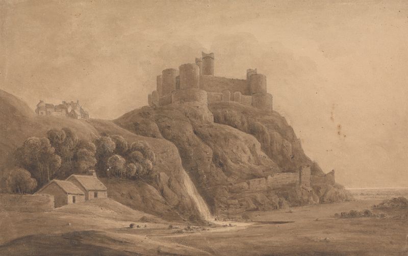 Harlech Castle óleo de Isaac Weld, mostrando un paisaje tormentoso con reflejos.