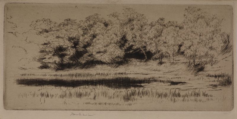 Villebon pond de Józef Pankiewicz, óleo sobre tela, retratando reflexos tranquilos na água e natureza.