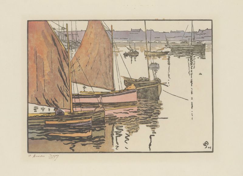 Roscoff, Les voiles rouges by Amédée Joyau, oil painting featuring red sails on a blue sea