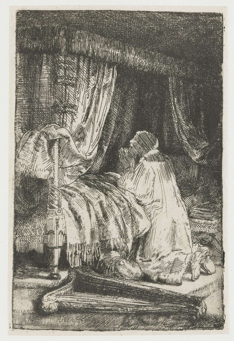 David en oración, grabado de Rembrandt van Rijn, que representa una figura solitaria en luz dorada.