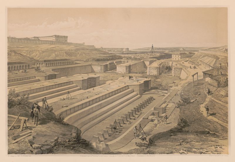 Docks at Sebastopol con las ruinas de Fort St. Paul, acuarela sobre papel de William Simpson