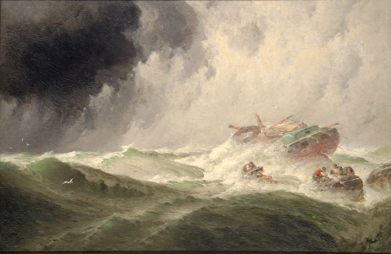 Pintura a óleo de Harrington Fitzgerald retratando um naufrágio em ondas tempestuosas