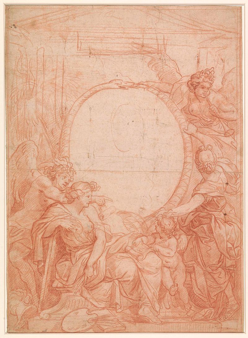 Retrato de Charles Le Brun com um rosto emoldurado por uma serpente, em papel.