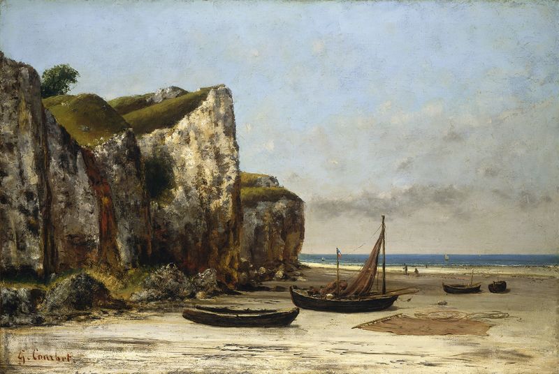 Praia na Normandia de Gustave Courbet, pintura a óleo que retrata um mar tranquilo e ondas suaves.
