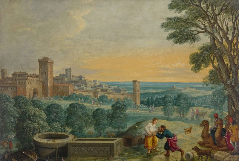Escena figurativa de Eliezer acercándose a un pozo, pintura al óleo de Johann König