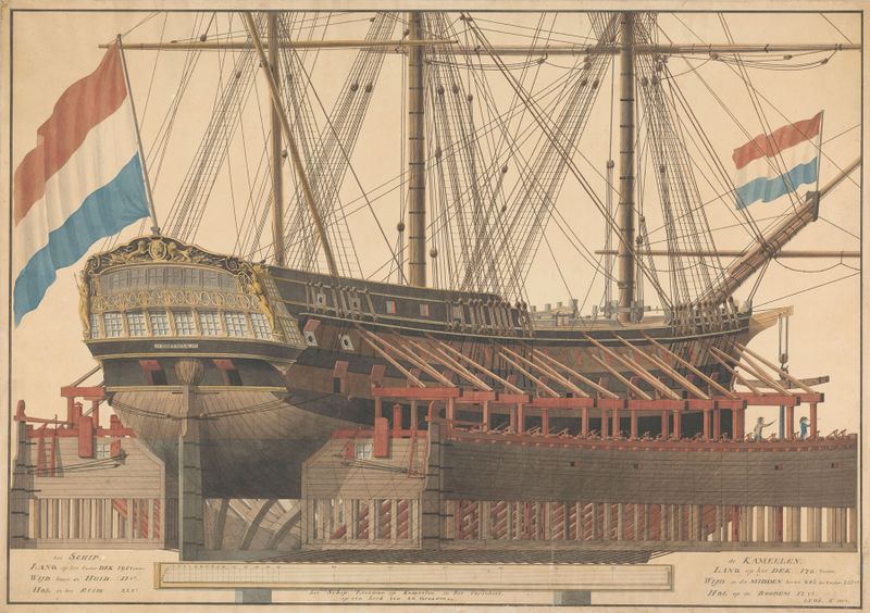 Óleo sobre tela de J. Vos retratando um navio e camelos no horizonte