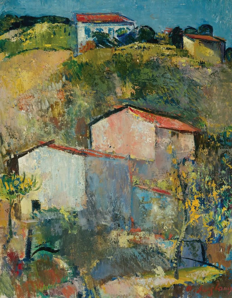 Häuser Am Hang by Anton Faistauer, oil on canvas depicting houses on a slope.