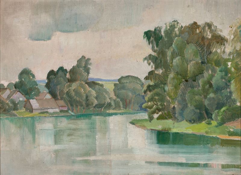 Village by a river, oil on canvas by Michał Rouba
