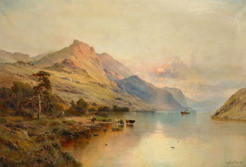 Óleo sobre tela de Alfred de Bréanski retratando um barco na água ao pôr do sol.