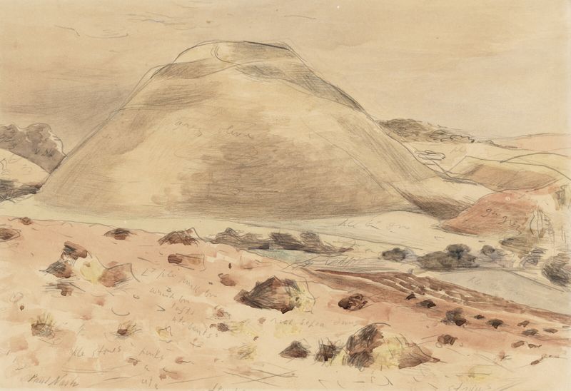 Silbury Hill by Paul Nash, oil on canvas depicting a solitary hill in a tranquil landscape.