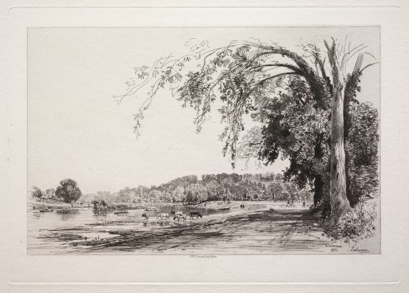 Engraving by Maxime Lalanne depicting a serene river and forest scene