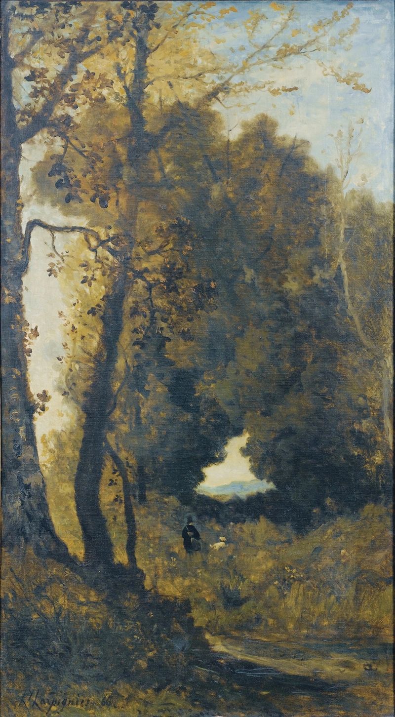Cena de gênero de um caçador e seu cachorro, pintura a óleo de Henri-Joseph Harpignies