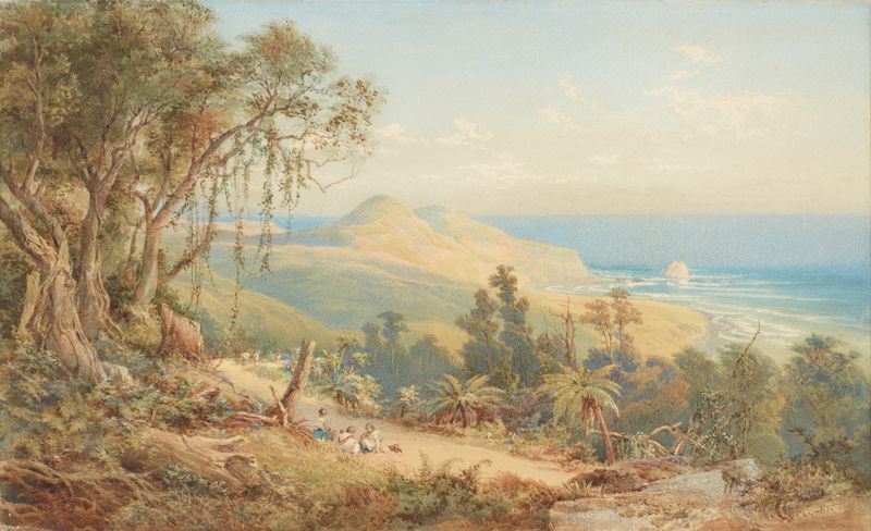 Landscape of Sandfly Bay, Otago by Nicholas Chevalier, oil painting