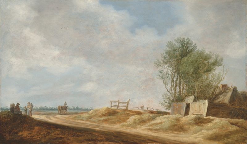 Paisagem com uma cabana e viajantes em uma estrada aberta, pintura a óleo de Jan van Goyen