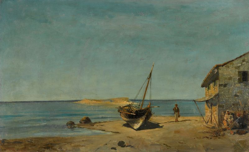 The Fisherman’s Home On The Beach by Konstantinos Volanakis, realism, depicts a rustic hut on the beach at dusk.
