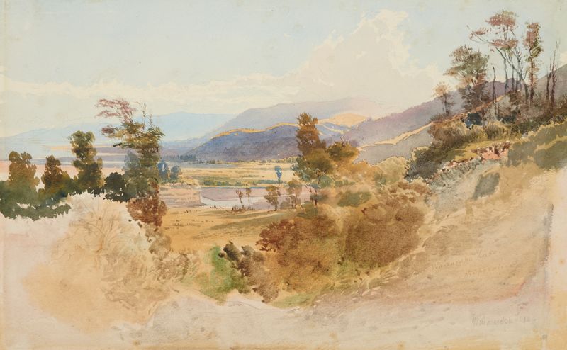 Wairarapa Lake de Nicholas Chevalier, óleo sobre tela mostrando águas serenas e um céu suave.