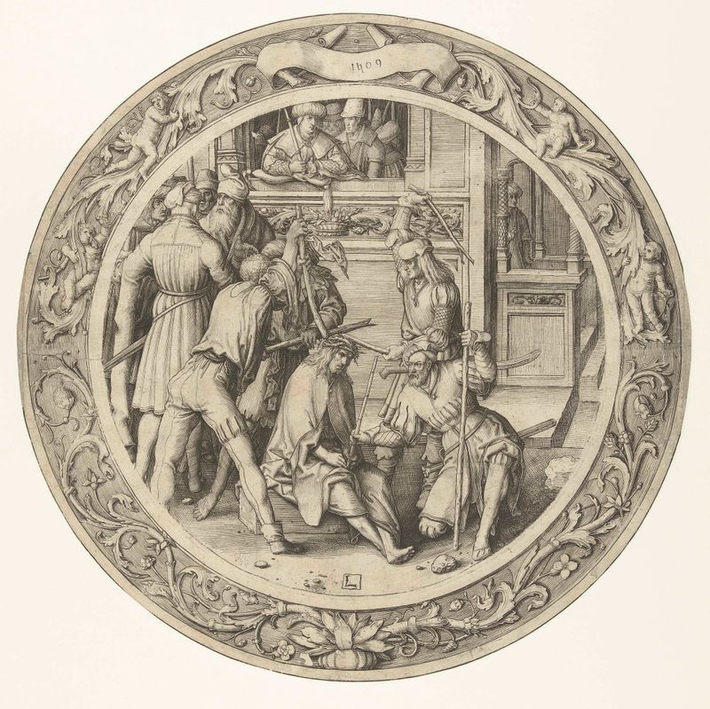 Grabado de Lucas van Leyden que representa a una figura coronada en angustia y gracia.