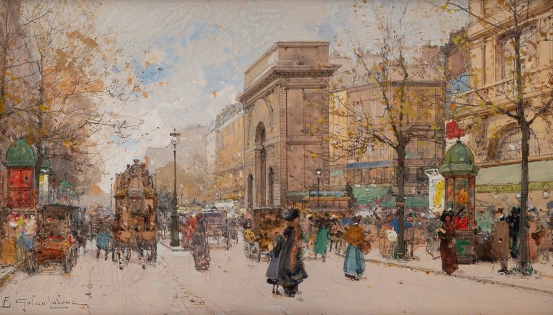 La Porte Saint-Denis de Eugène Galien-Laloue, pintura a óleo impressionista de um arco triunfal.