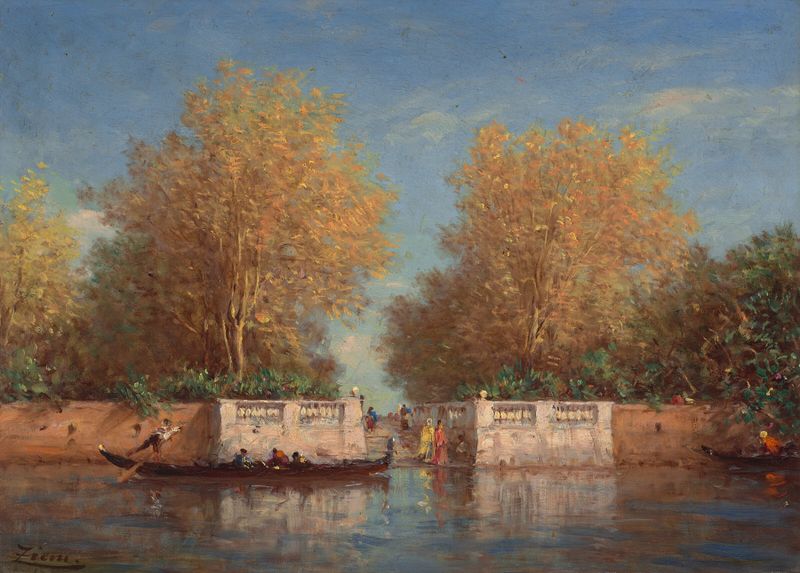 Paisagem de jardim exuberante com sebes e um caminho, óleo sobre tela de Félix Ziem