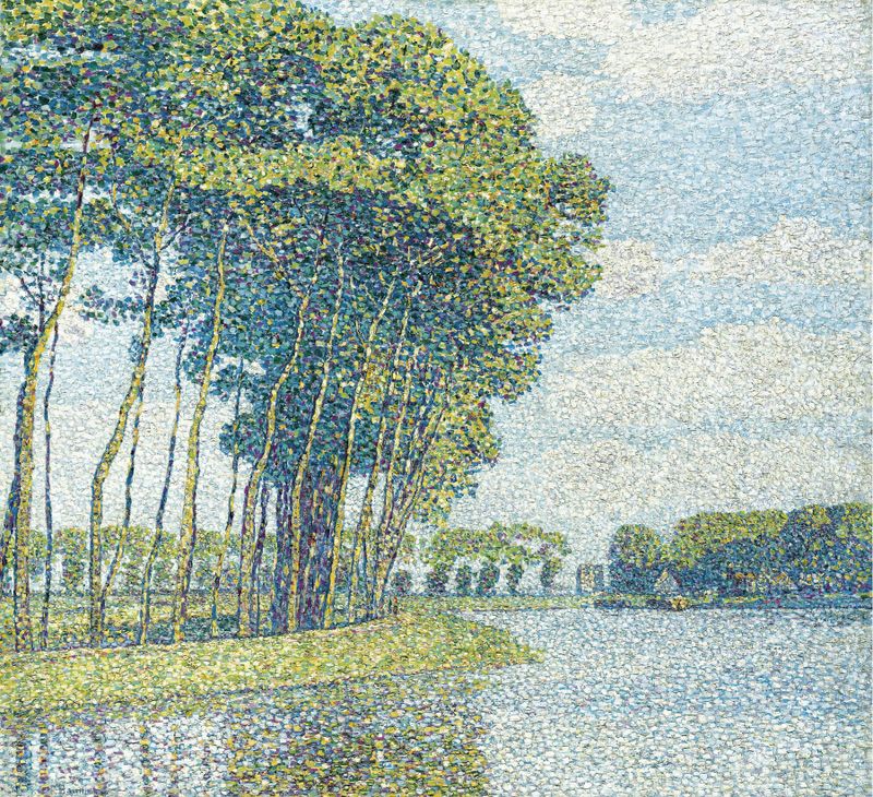 Bäume Am Kanal de Paul Baum, óleo sobre tela representando árvores ao lado de um canal com luz filtrada.