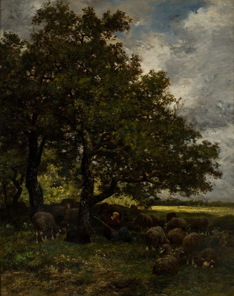 Rural Landscape de Charles Emile Jacque, óleo sobre lienzo que muestra campos serenos y un cielo tranquilo.