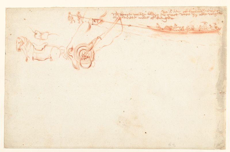 Desenho de cavalos puxando um trekschuit na água por Unknown Artist, papel