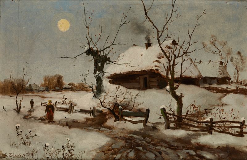 Cottages in Snow by Seweryn Bieszczad, realism, depicting snow-covered cottages with smoke rising from chimneys.