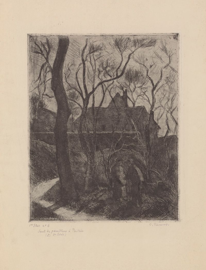 La sente des pouilleux à Pontoise de Camille Pissarro, pintura al óleo que muestra un camino entre árboles.