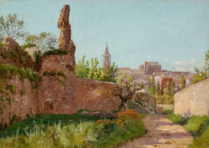 Paisaje con ruinas y un camino hacia un pueblo de William Baptiste Baird, medio desconocido.