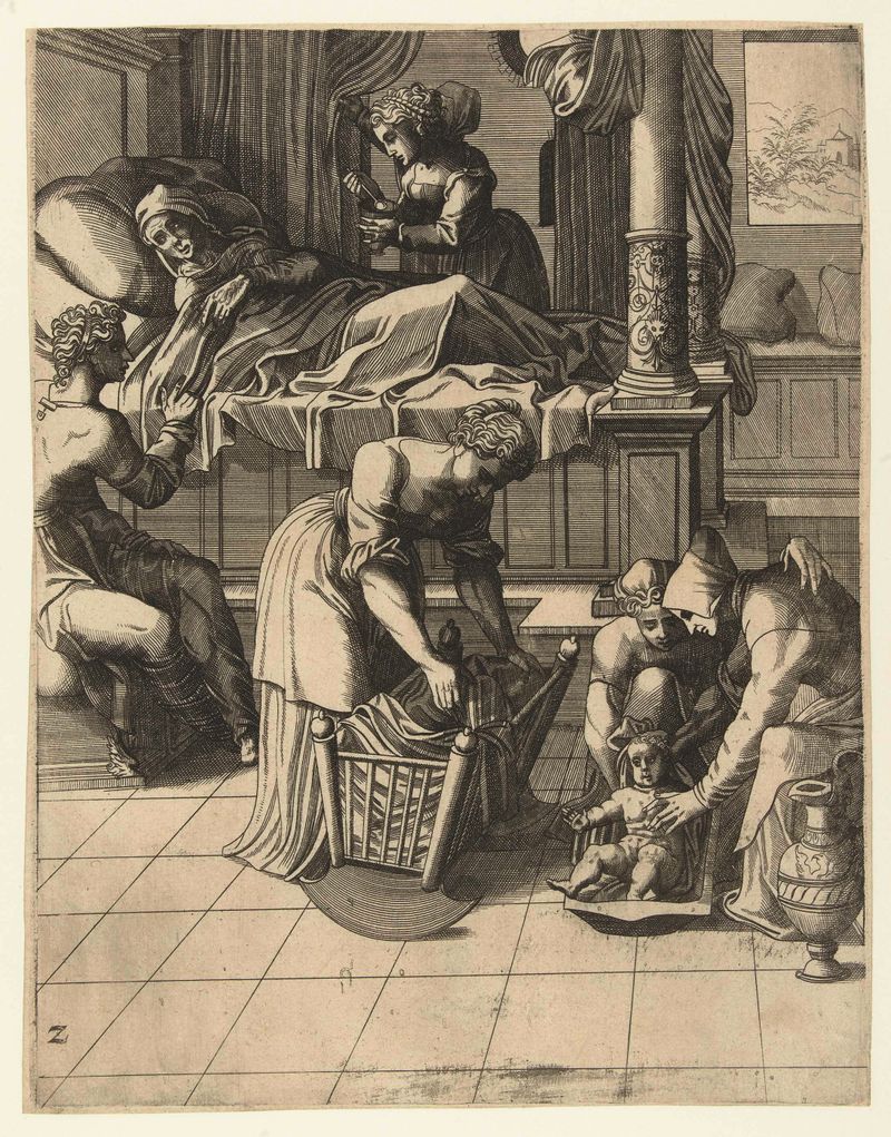 Geboorte van Johannes de Doper, gravura de Hans Liefrinck, retratando um bebê iluminado por uma luz suave.