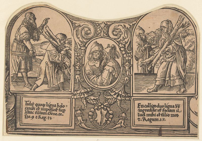 Escena religiosa con Abraham, Isaac y la viuda de Zarephath, papel de Jacob Cornelisz van Oostsanen