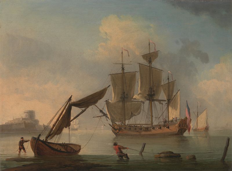 An English Sloop Becalmed near the Shore by Francis Swaine, oil painting depicting a sloop near the shore.