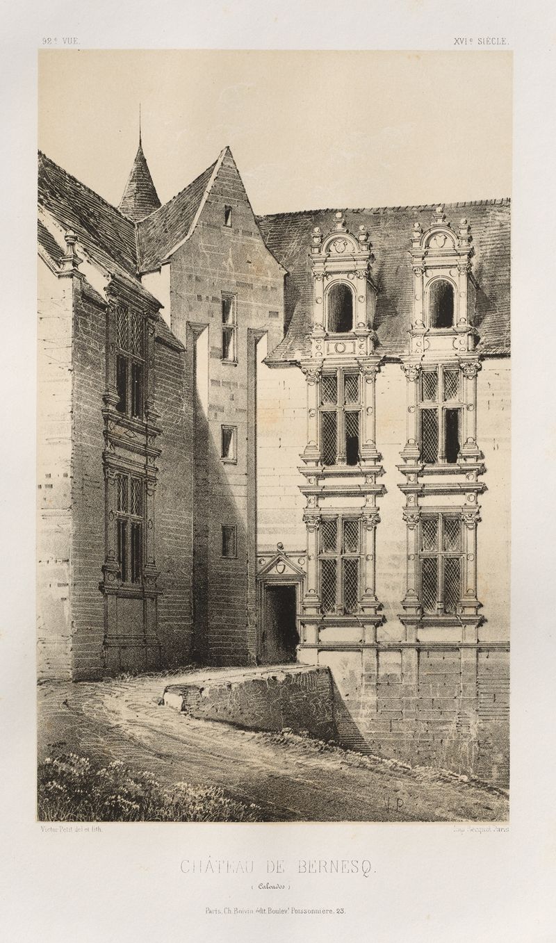 Château de Bernesq, pintura al óleo de Victor Petit, mostrando una gran fachada arquitectónica.