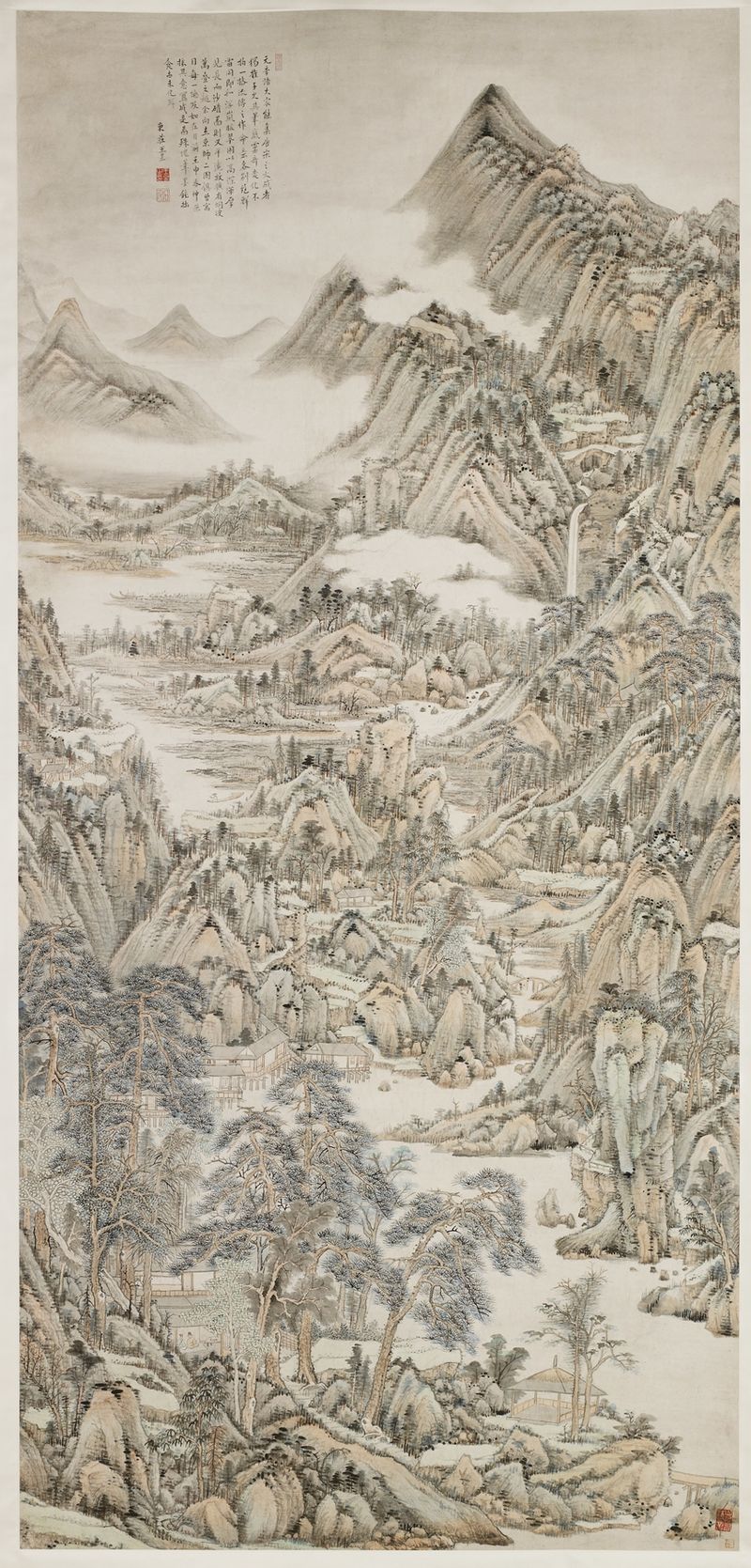 Landscape After Huang Gongwang de Wang Yu, tinta sobre papel que representa montañas y luz.