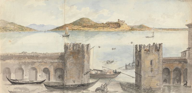 Marine scene depicting boats in a harbor at twilight by Charles Gore