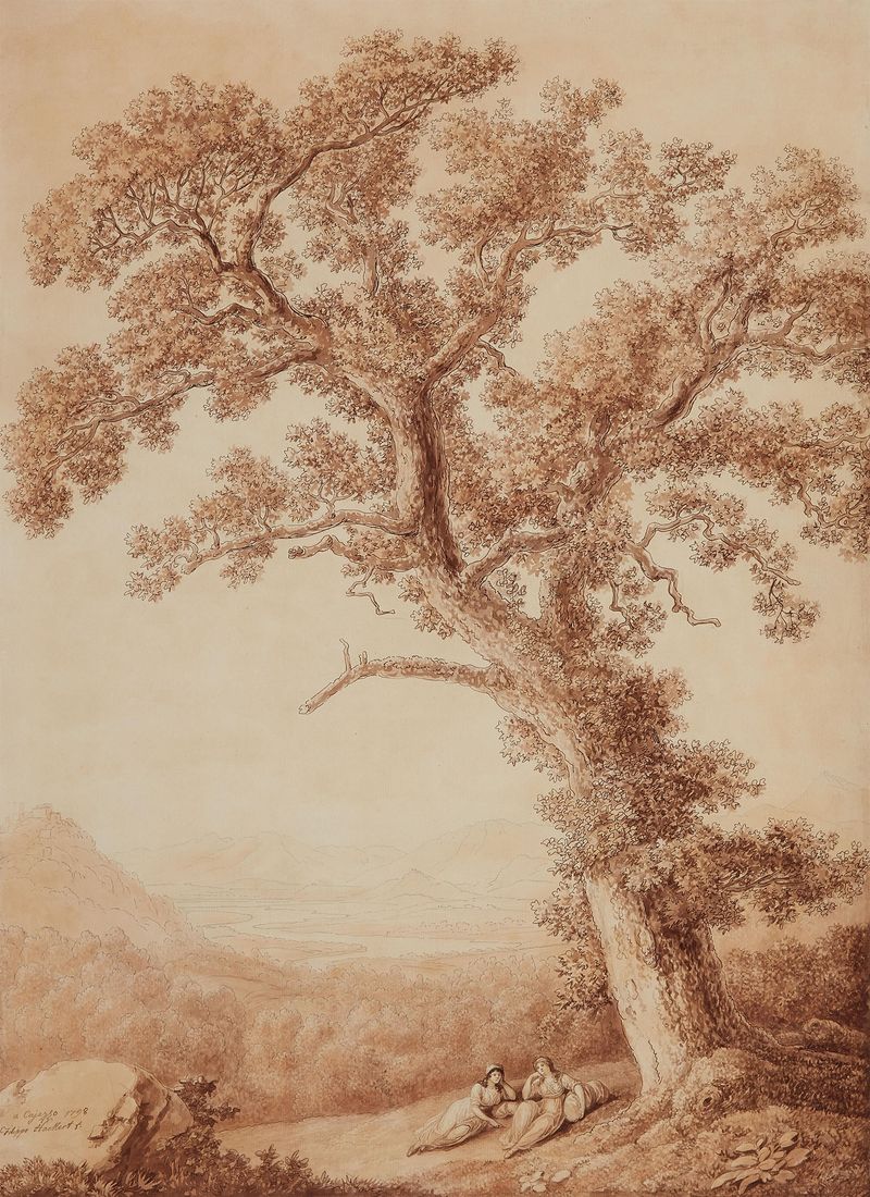 Landschaft bei Cajazzo de Jacob Philipp Hackert, 1798, retratando vegetação exuberante e colinas.