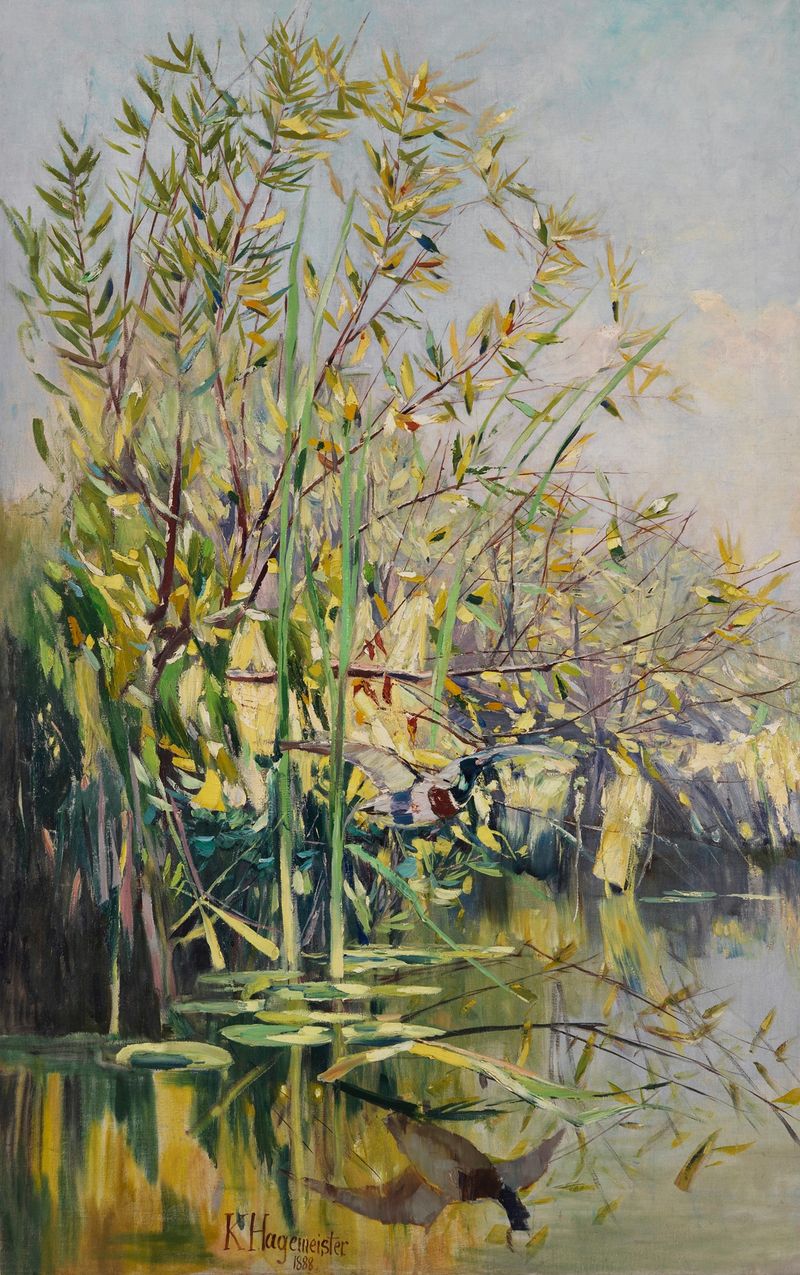 Lakeside scene with a flying duck, oil on canvas by Karl Hagemeister