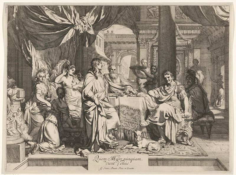 Lavish banquet scene in etching by Gerard de Lairesse