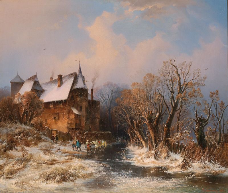 River landscape in winter with house and figures, oil painting by Adolf Stademann